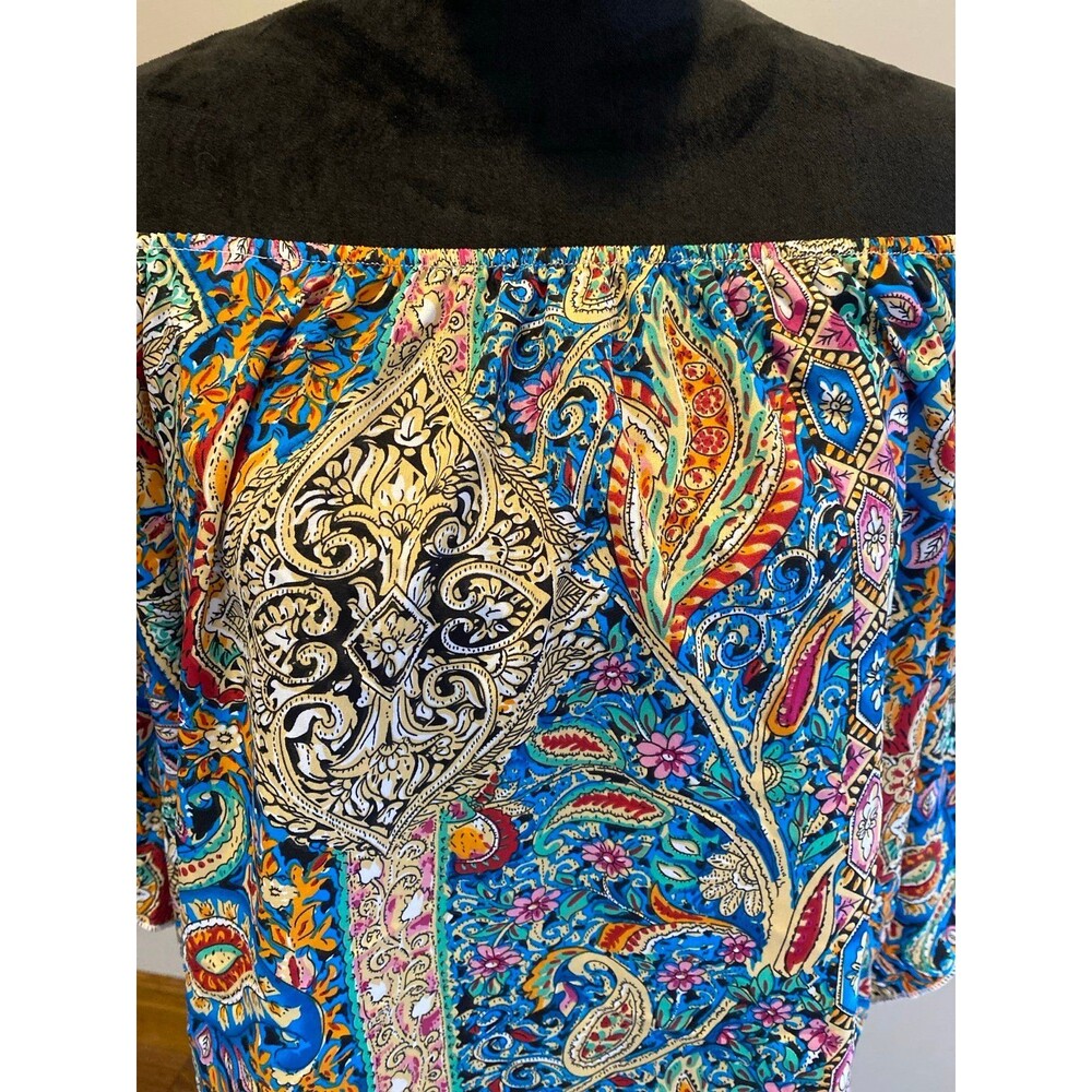 Paisley Blouse Size Large Off or On Shoulder Deep Blue Pink Elastic Neckline Top - Picture 2 of 11